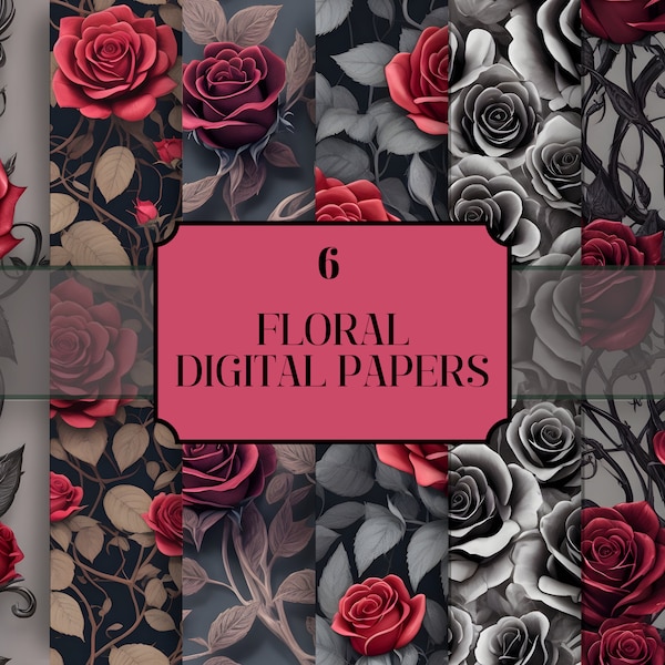 Seamless Gothic Rose Digital Patterns, Six Dark Rose Scrapbook Paper Files, Instant Download and Printable Patterns, Vines Thorn Backgrounds