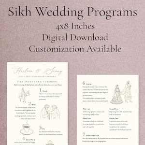 Pode incluir: Programa de casamento Sikh, 4x8 polegadas, download digital. Apresenta um esboço detalhado da cerimônia, incluindo a cerimônia Anand Karaj. A imagem também mostra um prato e duas caixas de anéis.