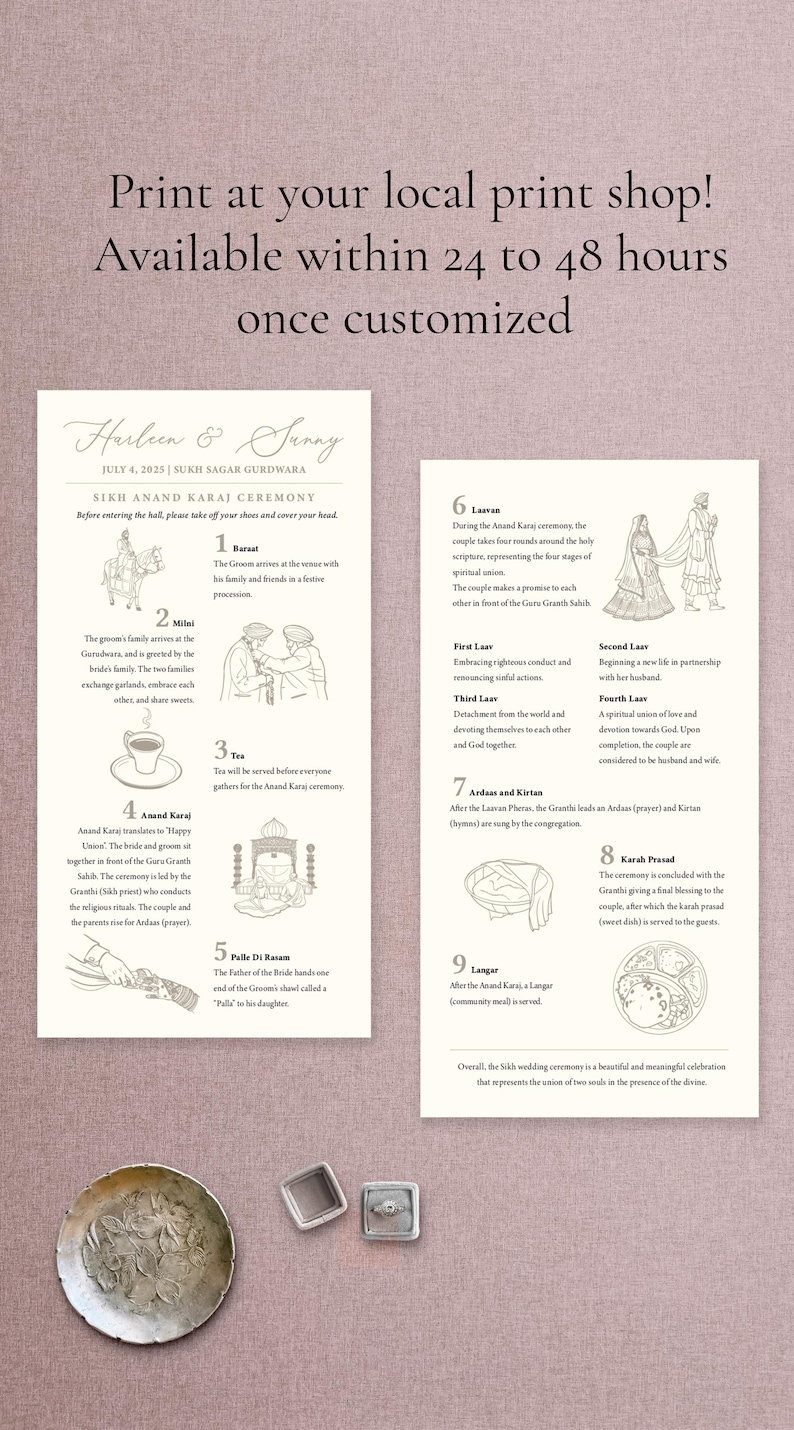 Op de afbeelding: Details van een huwelijksceremonie met illustraties en tekst. De tekst bevat de namen Harleen & Sunny, datum en Sikh Anand Karaj Ceremony. Ook afgebeeld zijn een decoratieve plaat en twee ringdozen.