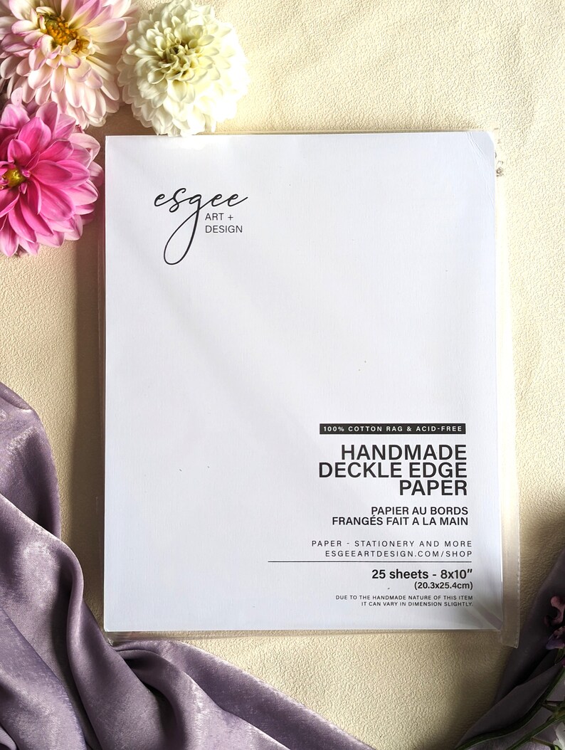 May include: A pack of 25 sheets of 8x10 inch handmade, deckle edge paper. The paper is 100% cotton rag and acid-free. The paper is made in France and is perfect for stationery, art, and more.