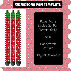 Könnte beinhalten: Eine digitale Vorlage für einen Paper Mate InkJoy Gelstift mit einem Wabenmuster aus roten und grünen Kreisen und kleinen gelben Akzenten. Der Text lautet RHINESTONE PEN TEMPLATE, Paper Mate InkJoy Gel Pen Pattern Only, ss10, Honeycomb Pattern, Digital Download.