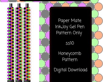 May include: A digital download rhinestone pen template featuring a honeycomb pattern in purple, green, orange, and black. The text reads RHINESTONE PEN TEMPLATE, Paper Mate InkJoy Gel Pen Pattern Only, ss10, Honeycomb Pattern, and Digital Download.