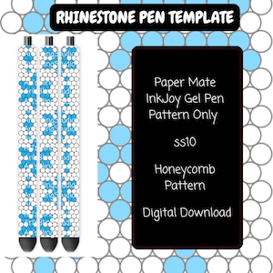 May include: A digital template for a Paper Mate InkJoy gel pen featuring a honeycomb pattern with white and blue circles. The text reads RHINESTONE PEN TEMPLATE, Paper Mate InkJoy Gel Pen Pattern Only, ss10, Honeycomb Pattern, and Digital Download.