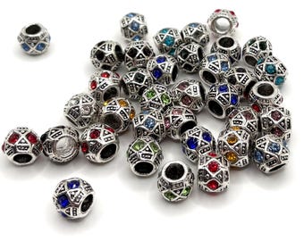 10pc Alloy Rhinestone European Beads, Large Hole Beads, Silver, Mixed Color, 11x9mm, Beaded Pen Supplies, Pandora Charms
