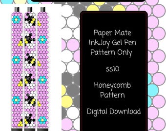 May include: A digital rhinestone pen template featuring a honeycomb pattern with pink, yellow, white, and blue circles. The text reads: RHINESTONE PEN TEMPLATE, Paper Mate InkJoy Gel Pen Pattern Only, ss10, Honeycomb Pattern, Digital Download.