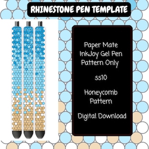 May include: A digital template for a Paper Mate InkJoy gel pen featuring an ss10 honeycomb pattern. The design displays a gradient of blue and tan circles. Text reads: RHINESTONE PEN TEMPLATE, Paper Mate InkJoy Gel Pen Pattern Only, ss10, Honeycomb Pattern, Digital Download.
