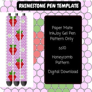 Pode incluir: Um modelo digital para caneta em gel Paper Mate InkJoy com um padrão de favo de mel repetitivo, morangos vermelhos e flores brancas. O texto diz RHINESTONE PEN TEMPLATE, Paper Mate InkJoy Gel Pen Pattern Only, ss10, Honeycomb Pattern, Digital Download.