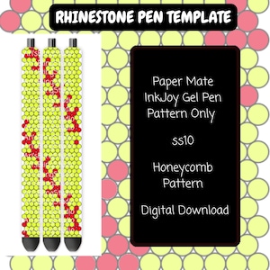 Puede incluir: Una plantilla digital para bolígrafo de gel Paper Mate InkJoy con un patrón de panal de círculos amarillos y rojos. El texto dice RHINESTONE PEN TEMPLATE, Paper Mate InkJoy Gel Pen Pattern Only, ss10, Honeycomb Pattern, Digital Download.
