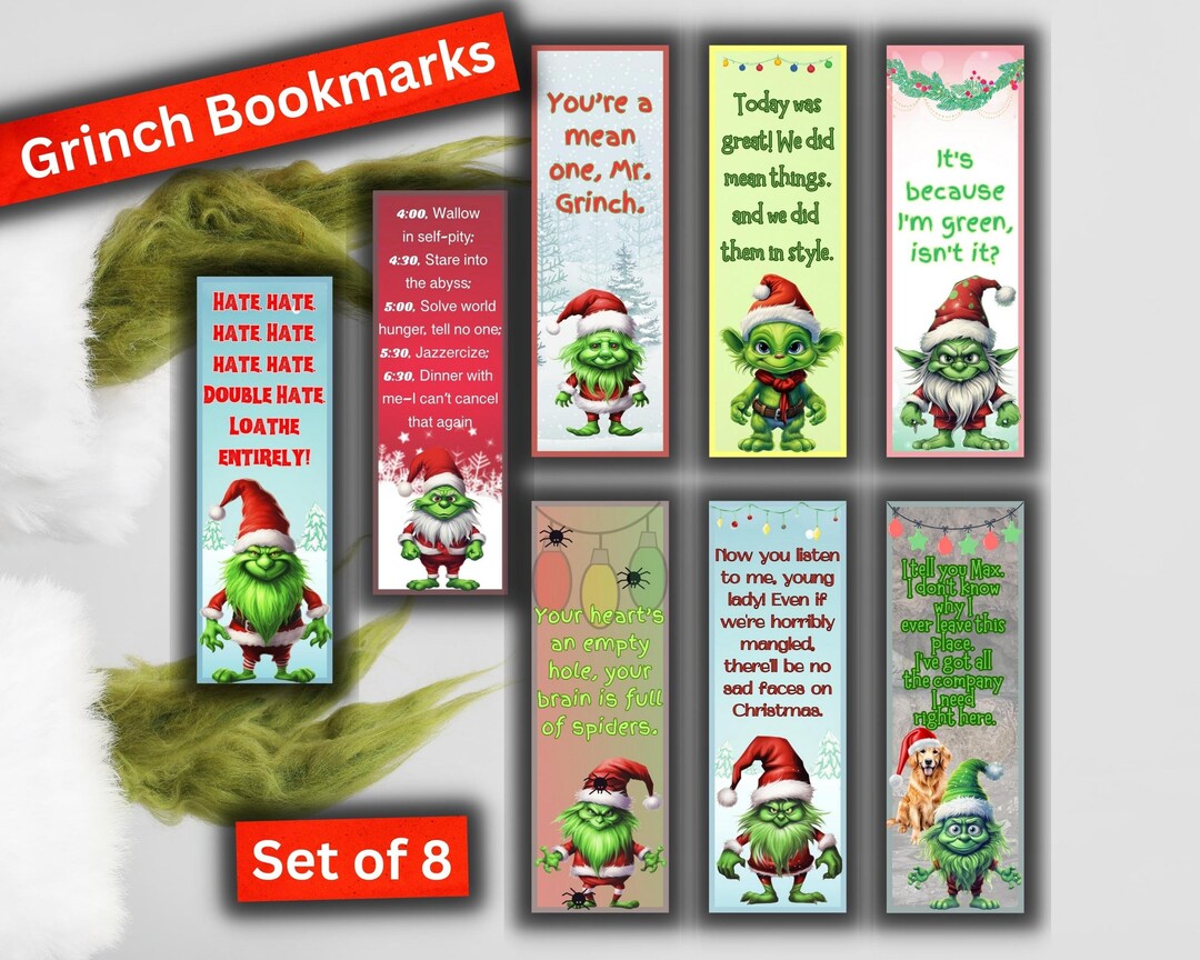 Whimsical Printable Grinch Bookmarks for Christmas Etsy