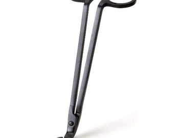 May include: Black metal candle wick trimmer with two loops at the top and a round, flat base.