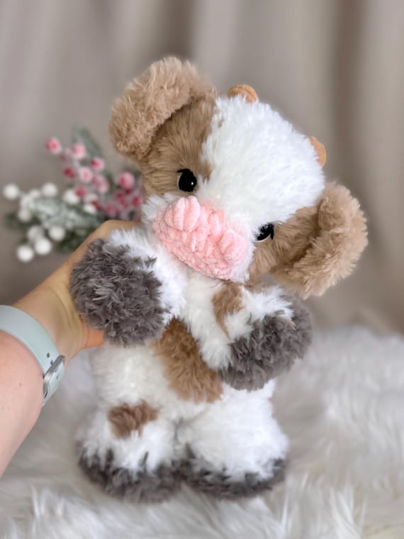 Handmade Crochet Plush Cow. Fluffy Faux Fur Snuggler