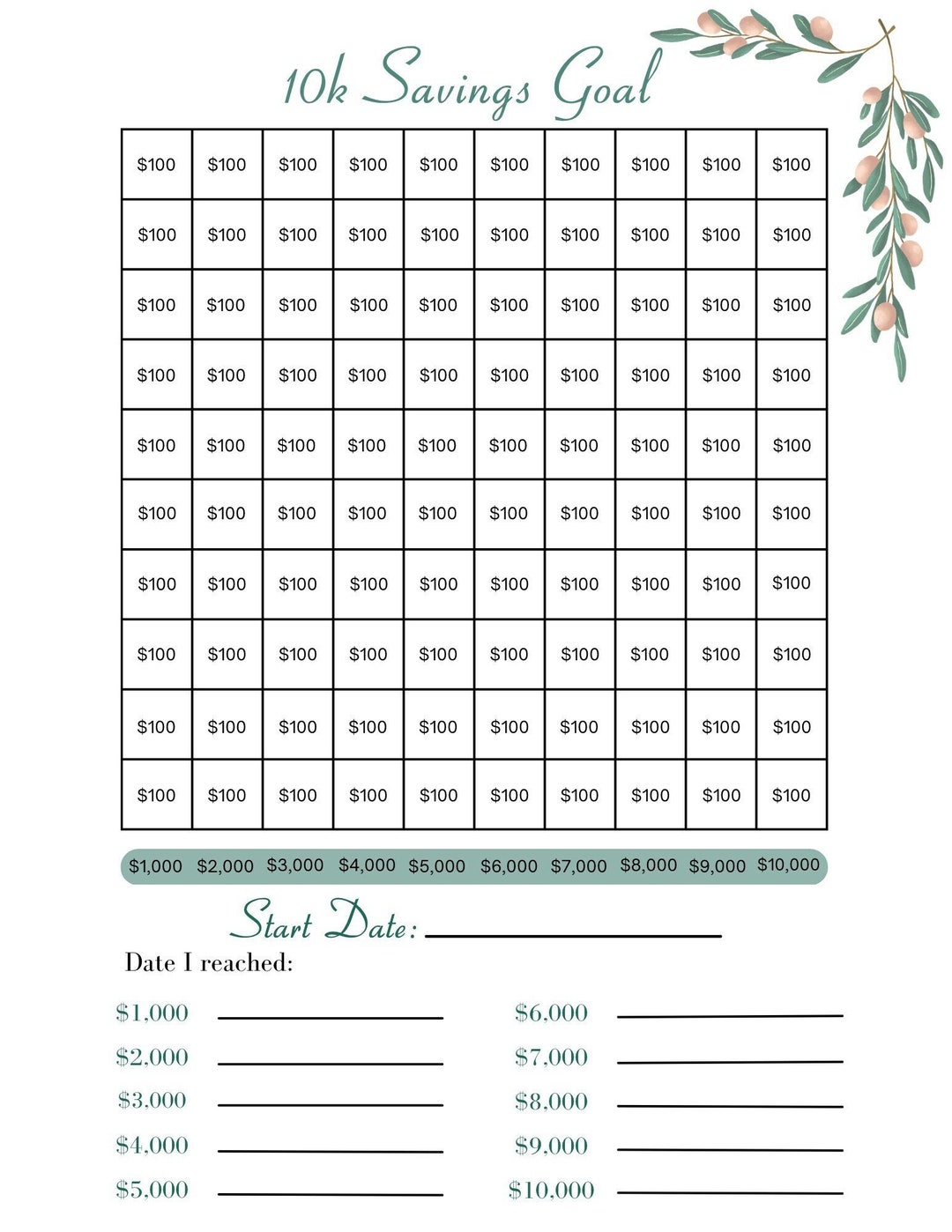 Springtime 10k Savings Challenge Tracker Printable Money Saving House ...