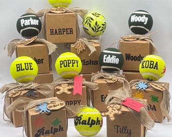 Dog ball personalised with your dogs name in a gift box heavier & thicker than a tennis ball 15 fonts 5 ball designs heavy duty durable toy