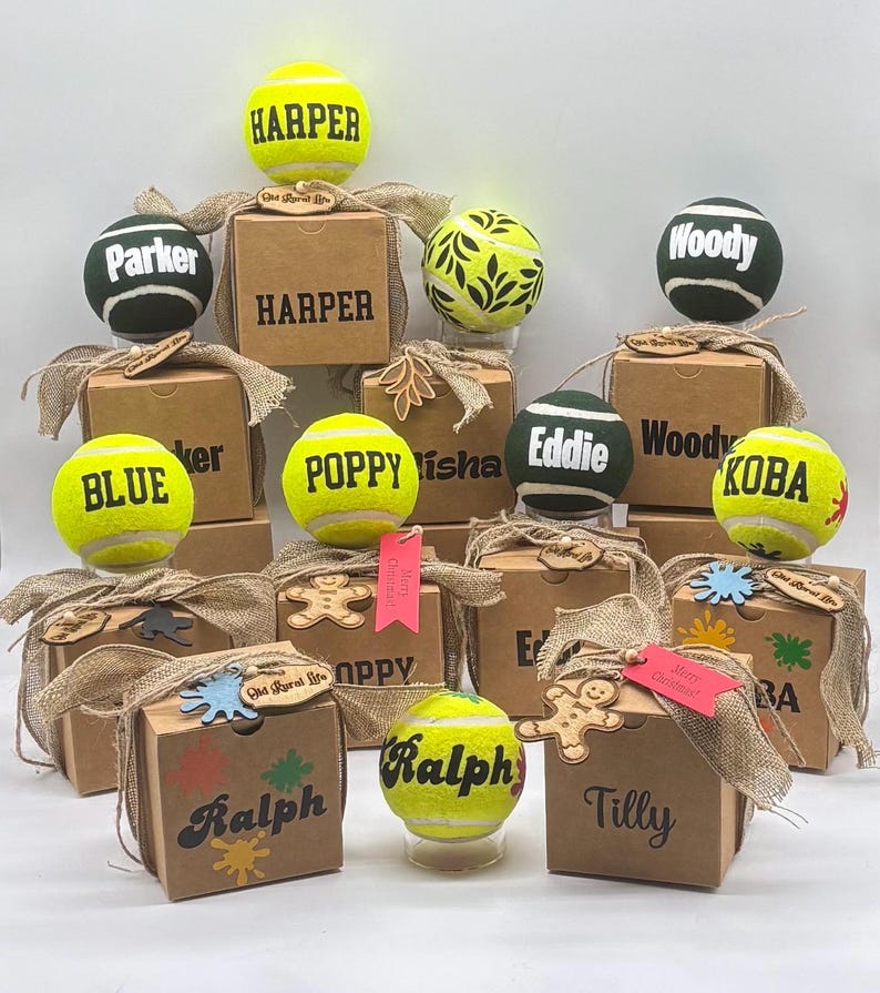 Balls personalised any name in gift box heavier & thicker than a tennis ball 15 fonts 5 ball designs summer outdoor dog toys or teacher gift 10 x Mixed Balls