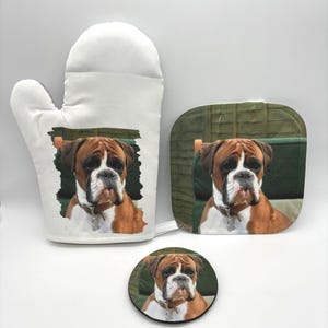 Custom Photo Oven Mitt and Pot Holder Set, Personalized Pet Kitchenware dogs portrait