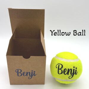 Pode incluir: Uma caixa de papel&atilde;o marrom com tampa aberta e o nome Benji impresso em azul na frente, acompanhada por uma bola de t&ecirc;nis amarela brilhante com o nome Benji em letra preta e o texto Yellow Ball impresso acima da bola.