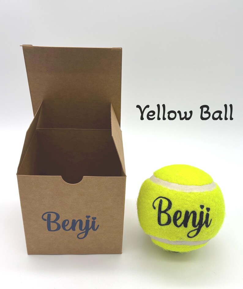 Pode incluir: Uma caixa de papel&atilde;o marrom com tampa aberta e o nome Benji impresso em azul na frente, acompanhada por uma bola de t&ecirc;nis amarela brilhante com o nome Benji em letra preta e o texto Yellow Ball impresso acima da bola.