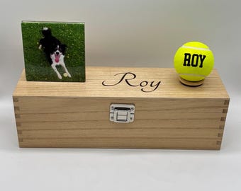 Engraved Wooden Ashes Box: customised with your dogs name, photo and personalised ball