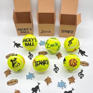 Pode incluir: Tr&ecirc;s caixas de papel&atilde;o marrom abertas rotuladas como Jacky's Ball, Zach e Stanley, acompanhadas por seis bolas de t&ecirc;nis amarelo brilhante com textos e gr&aacute;ficos personalizados em preto e vermelho, incluindo nomes, s&iacute;mbolos musicais e um bulldog.