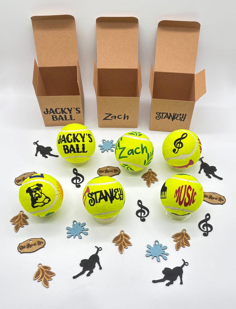 Pode incluir: Tr&ecirc;s caixas de papel&atilde;o marrom abertas rotuladas como Jacky's Ball, Zach e Stanley, acompanhadas por seis bolas de t&ecirc;nis amarelo brilhante com textos e gr&aacute;ficos personalizados em preto e vermelho, incluindo nomes, s&iacute;mbolos musicais e um bulldog.
