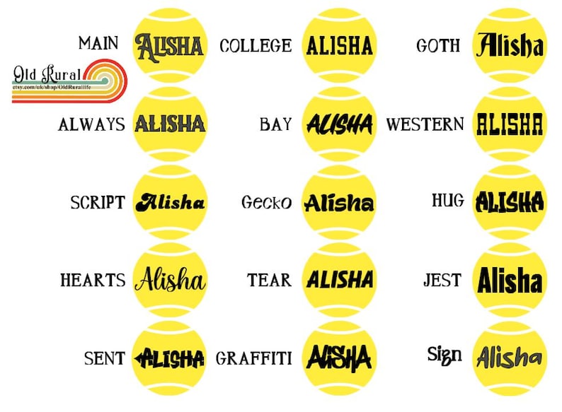 Pode incluir: Uma cole&ccedil;&atilde;o de quinze gr&aacute;ficos de bolas de t&eacute;nis amarelas, cada uma com o nome Alisha impresso num estilo de letra preto distinto. Est&atilde;o inclu&iacute;das as etiquetas Main, College, Goth, Always, Bay, Western, Script, Gecko, Hug, Hearts, Tear, Jest, Sent, Graffiti e Sign.
