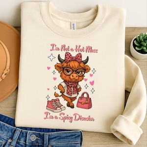 I&#39;m Not A Hot Mess I&#39;m A Spicy Disaster Highland Cow PNG, Funny Western Sublimation Design, Cheeky Cow with Leopard Bow for T-Shirt Gift