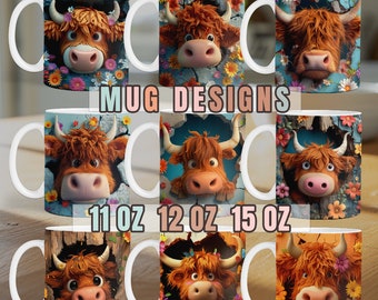 18 3D HIghland cow Mug wrap PNG, mug Sublimation Design, 11oz 12oz 15oz coffee cup template, Commercial Use Png