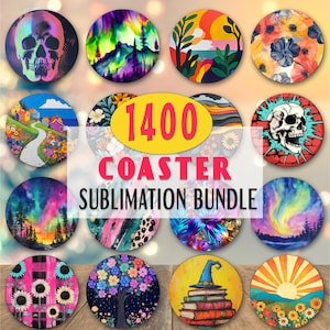 May include: A collection of 1400 sublimation designs for coasters. The designs feature a variety of colorful and whimsical patterns, including skulls, flowers, landscapes, and abstract art.