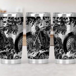 Motorbike and Skulls 20oz Tumbler Wrap Laser, Biker skulls and gears and flames Rider Seamless Laser Rotary Engraving Design Full Wrap