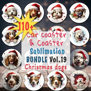 110+ Christmas Dog PNG Car Coaster Sublimation Design - vol 19, about 80 breeds, Round Sublimation Design, Instant Download, Commercial Use
