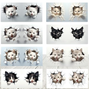 May include: A collage of nine images featuring cats peeking through holes in a wall. The cats are of various breeds and colors, including white, black, gray, and tabby. Some cats are looking directly at the viewer, while others are looking away.