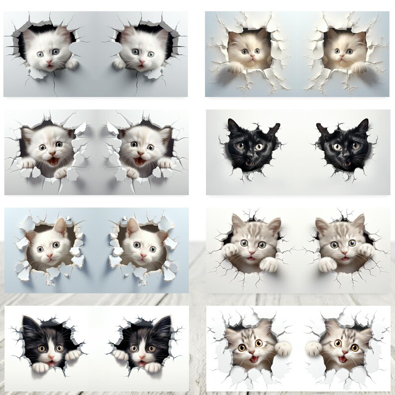 May include: A collage of nine images featuring cats peeking through holes in a wall. The cats are of various breeds and colors, including white, black, gray, and tabby. Some cats are looking directly at the viewer, while others are looking away.