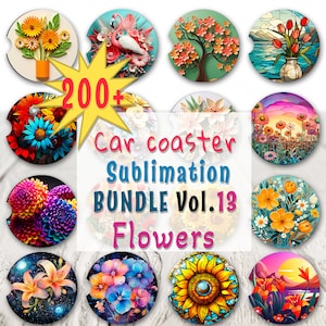 200+ PNG Car Coaster Sublimation Design vol 13 Flowers, retro 3d flowers, Round Sublimation Design, Instant Download, Commercial Use Png