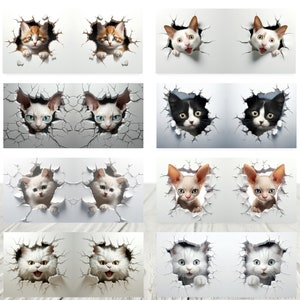 May include: A set of 10 digital images featuring various breeds of cats peeking through cracked walls. The cats are in different poses and expressions, with some looking playful and others looking curious. The images are perfect for use in digital scrapbooking, card making, or other creative projects.