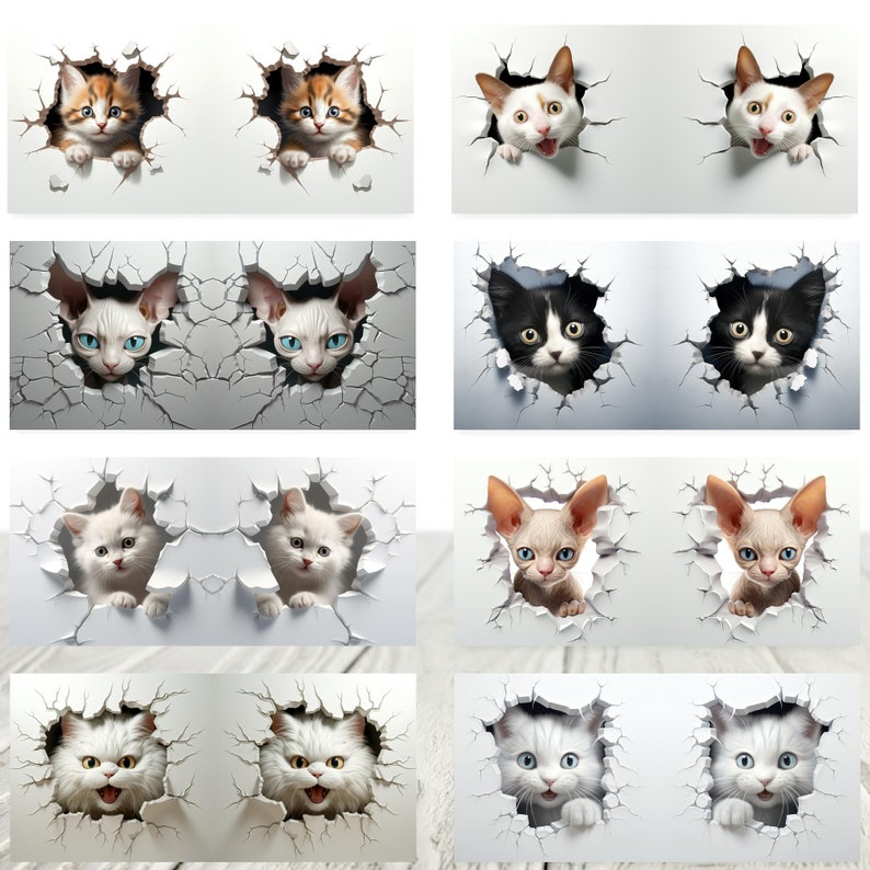 May include: A set of 10 digital images featuring various breeds of cats peeking through cracked walls. The cats are in different poses and expressions, with some looking playful and others looking curious. The images are perfect for use in digital scrapbooking, card making, or other creative projects.