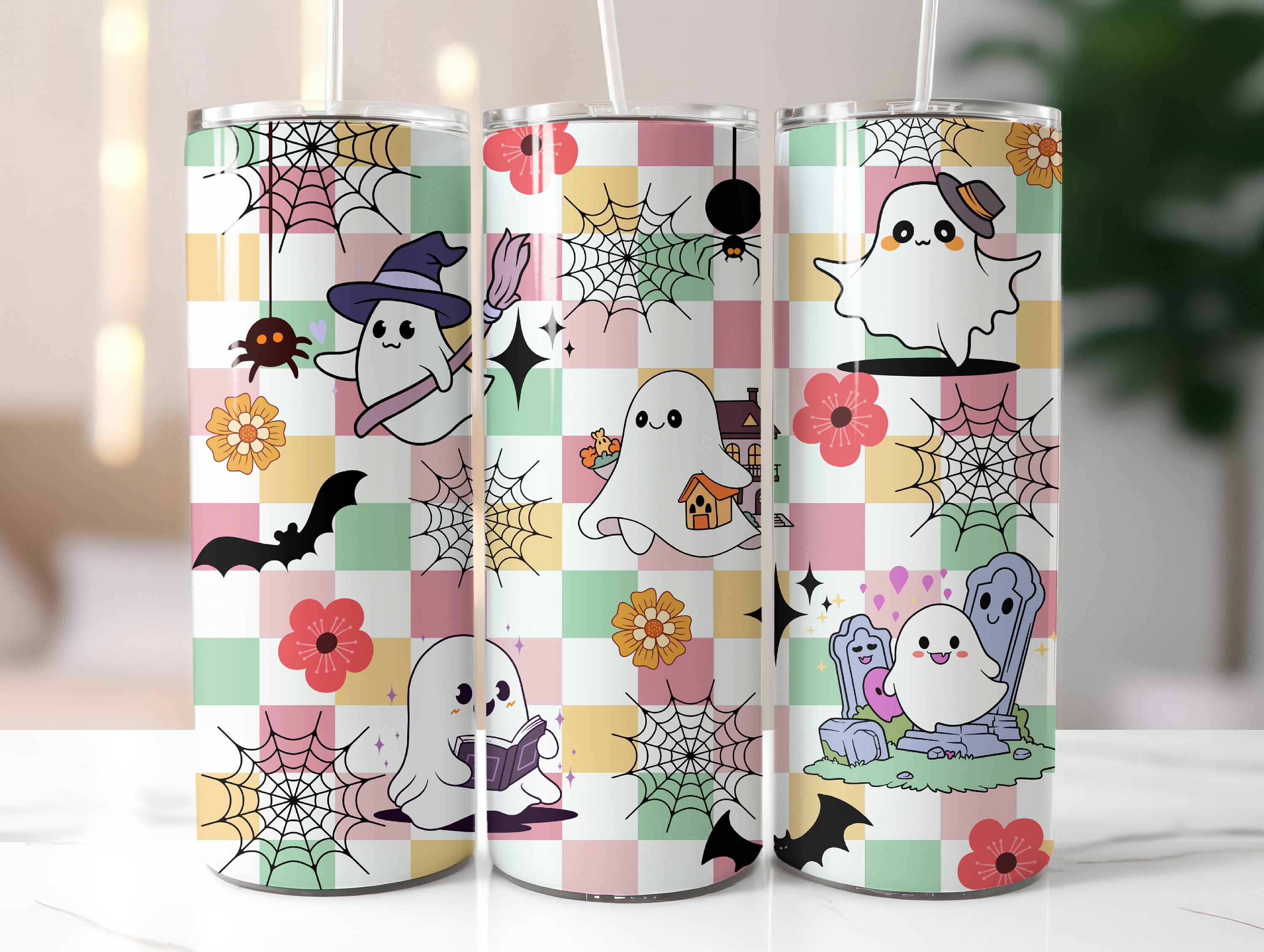 Retro Halloween Tumbler Wrap PNG, 20oz Skinny Tumbler Sublimation,Checkered Ghost Tumbler PNG,Spooky Season Tumbler, Pastel Halloween