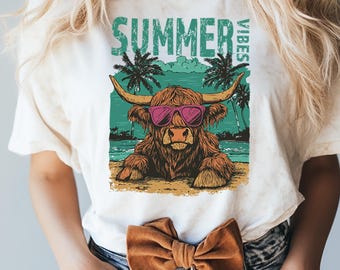 Summer vibes Highland cow, cow design Png, Retro summer shirt design, Funny beach shirt print, Summer sublimation design, Beach graphic Png