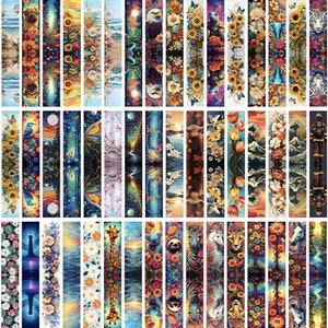 May include: A set of 30 colorful digital art prints featuring various designs, including animals, flowers, and abstract patterns. The prints are all vertical and have a similar style, with vibrant colors and intricate details.