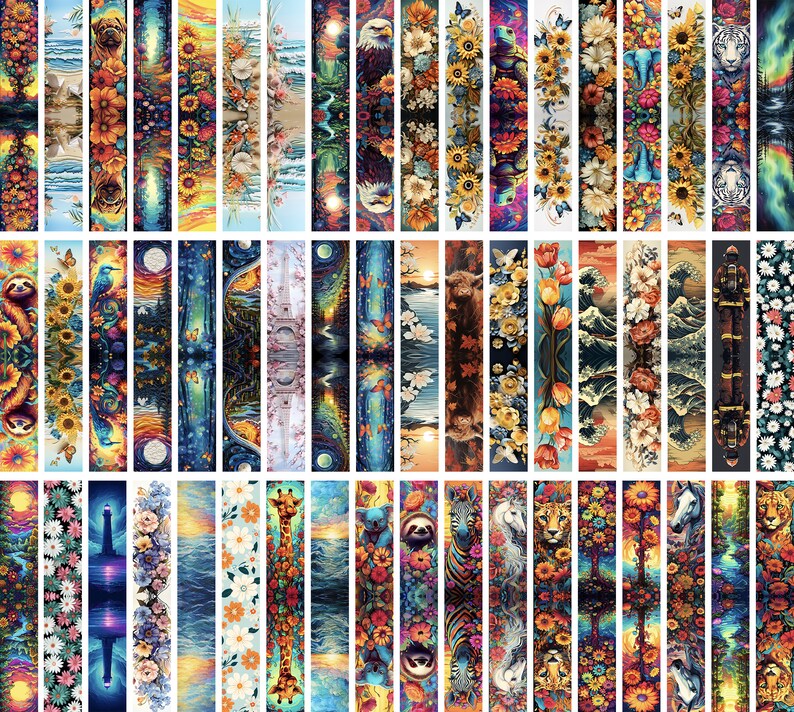 May include: A set of 30 colorful digital art prints featuring various designs, including animals, flowers, and abstract patterns. The prints are all vertical and have a similar style, with vibrant colors and intricate details.