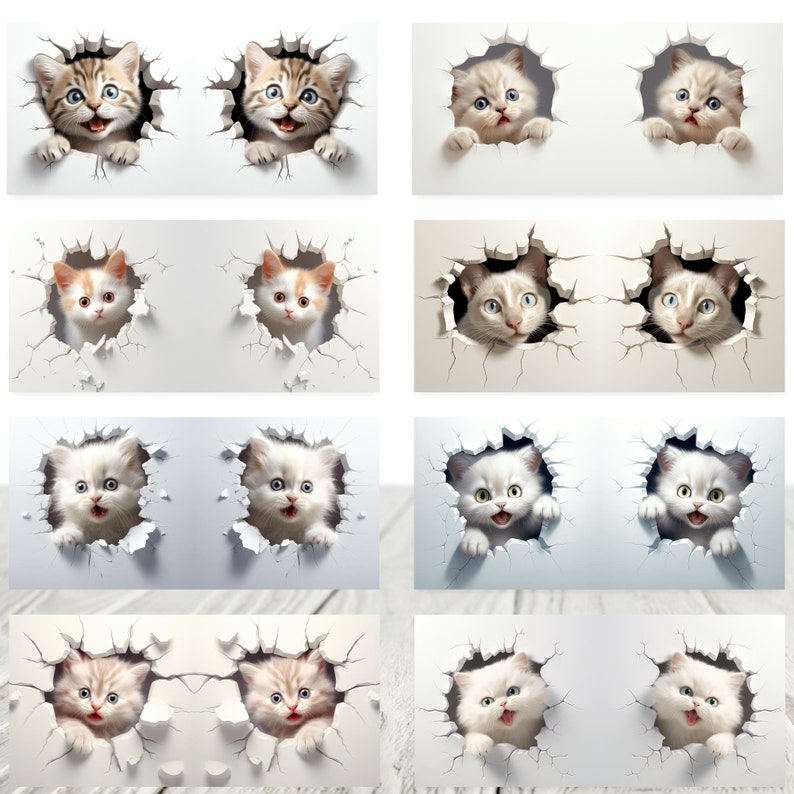 May include: A set of eight digital images featuring adorable kittens peeking out of holes in a wall. The kittens are in various poses and expressions, with some looking curious and others playful. The images are perfect for adding a touch of whimsy to any digital project.