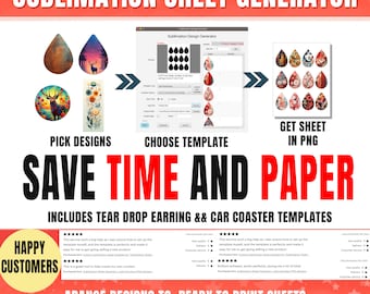 Sublimation Sheet Generator, Load and place PNG designs onto to sublimation sheet for bulk printing, Teardrop earring template, car coaster