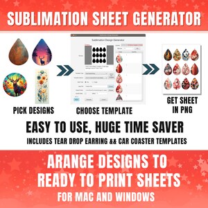 Sublimation Sheet Generator, Load and place PNG designs onto to sublimation sheet for bulk printing, Teardrop earring template, car coaster