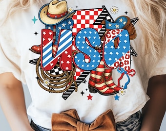 Retro Cowgirl Western USA Png, 4th Of July Png, America Shirt Design, Patriotic Cherry Png, Trendy American Png, Girly USA Png,Boots Png