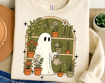 Halloween-Geist png, Niedlicher Geist Pflanzenliebhaber Png, Gruselige Gewächshaus-Sublimation, Herbstgeist mit Pflanzen Png, Retro Halloween-Shirt Png