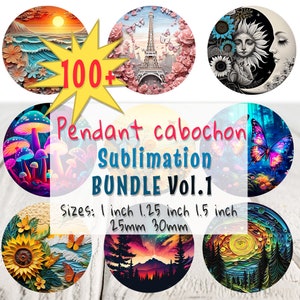 May include: A collection of 100+ sublimation designs for pendant cabochons. The designs include a variety of themes, such as nature, animals, and abstract art. The cabochons are available in sizes of 1 inch, 1.25 inches, 1.5 inches, 25mm, and 30mm.