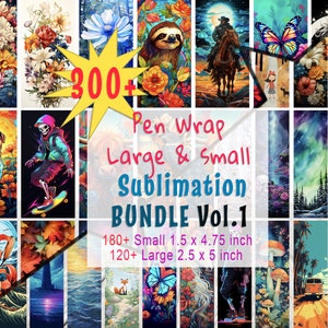 May include: A collage of 300+ sublimation designs for pen wraps in both large and small sizes. The designs include a variety of colorful images, such as flowers, animals, and landscapes. The text "Pen Wrap Large & Small Sublimation Bundle Vol. 1" is displayed in the center of the collage. The text also includes the dimensions of the designs: 180+ Small 1.5 x 4.75 inch and 120+ Large 2.5 x 5 inch.