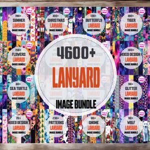 May include: An image bundle with over 4600 lanyard designs. The image displays various themed lanyards, including summer, Christmas, butterfly, tiger, flowers, sea turtle, mixed designs, patterns, gnome, glitter, and wolf. Each lanyard design is 3.8 x 30.5 cm.