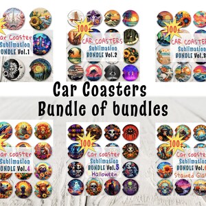 Paquete de 6 paquetes PNG Diseños de sublimación de posavasos de coche, Diseños de posavasos de coche, Diseño de sublimación redondo, Descarga instantánea, Uso comercial Png