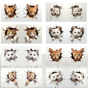 May include: A collage of nine images featuring cats peeking through holes in white walls. Each image shows two cats, one on each side of the wall, with their heads and shoulders visible. The cats are of various breeds and colors, including orange tabby, white, and brown tabby.