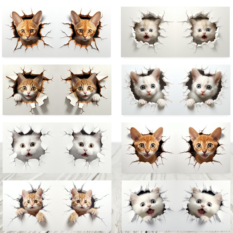 May include: A collage of nine images featuring cats peeking through holes in white walls. Each image shows two cats, one on each side of the wall, with their heads and shoulders visible. The cats are of various breeds and colors, including orange tabby, white, and brown tabby.